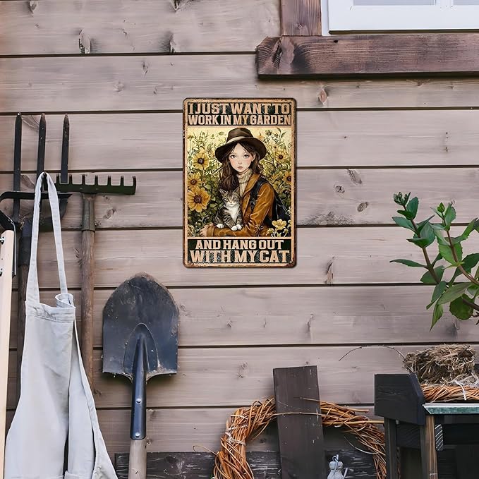 Cat Garden Vintage Tin Sign I Just Want To Work In My Garden and Hang Out With My Cat Retro Metal Tin Sign Sunflower Decor for Home Fence Porch Room Wall Decor Poster 12 * 8inch-StrideForce Fitness