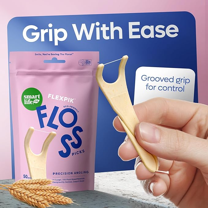 SmartLifeco Eco-Friendly Angled Dental Floss Picks (200ct) - Flossers Made with Straw Wheat Blend, Anti-Shred Thread for Molars & Back Teeth, Tooth Pick Stick for Adults, Soft on Gums, Unflavored