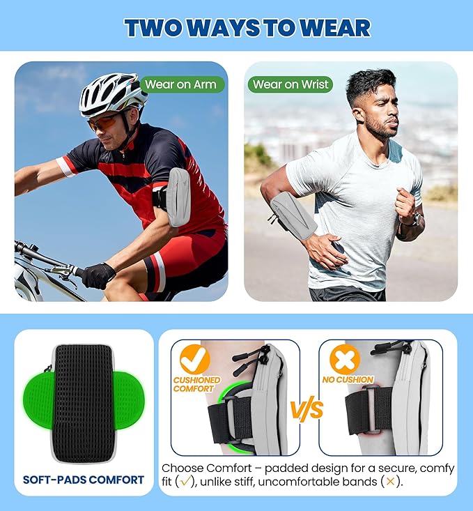 HiRui Cell Phone Holder Arm Bag & Wrist Bag for Phone, Sports Running Armband for Gym & Cycling, Compatible with iPhone 16/16Pro/Plus/15/14 Samsung Galaxy All Phones, Reflective & Adjustable (Gray)-StrideForce Fitness