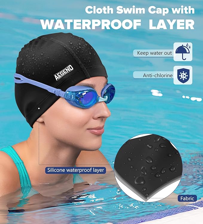 Aegend Fabric Swim Cap, Silicone Waterproof Layer - Breathable Cloth Swimming Cap, Keep Hair Dry with Hight Elasticity for Youth(8-16) Adult, 2 Sizes to Choose-StrideForce Fitness