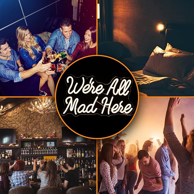 We Are All Mad Here Neon Sign Letter LED Neon Lights Dimmable USB Powered 16.5’’X9.4’’Cool Wall Decorative Light Bedroom Bar Birthday Party Decoration Gifts （Warm White）-StrideForce Fitness