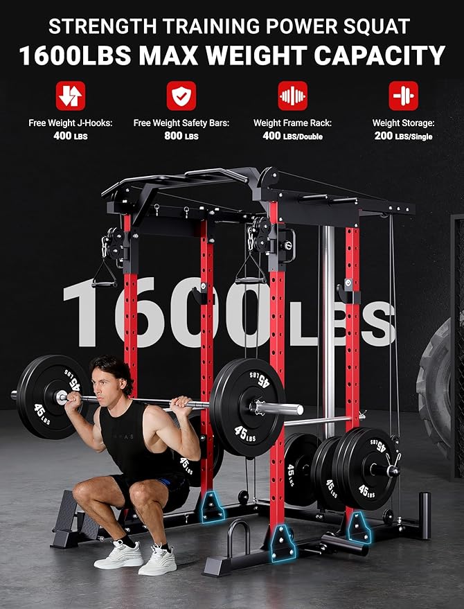 YOLEO Smooth Dual Pulley System Power Cage, 1600LBS Adjustable Cable Crossover Power Rack, Multi-Functional Squat Rack for Home Gym with More Training Attachment-StrideForce Fitness