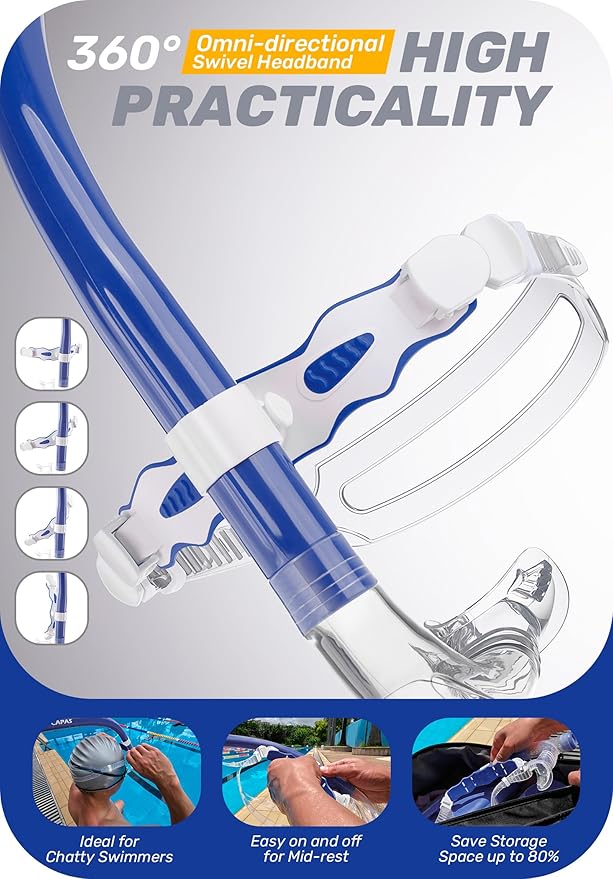 CAPAS Training Swim Snorkel for Lap Swimming, Swivel Headband Ultimate Fit Center-Mount Swimmers Snorkel with Liquid Silicone Mouthpiece Adjustable Strap, Designed for Adult Men Women-StrideForce Fitness