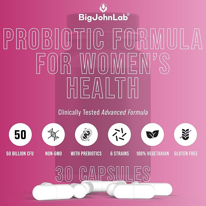 BIGJOHNLAB® - Women's Probiotic Supplement – 50 Billion CFU, 6 Active Strains + Prebiotics – Supports Digestion, Immunity & Wellness – Acid-Resistant, Dairy & Sugar Free, No Refrigeration, 30 Capsules-StrideForce Fitness