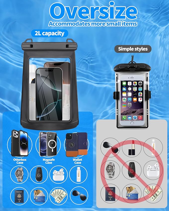 Large Waterproof Phone Pouch - [Oversized] [Floating] Water Proof Pouch for iPhone Galaxy Google and More, IPX8 Waterproof Dry Bag for Beach Vacation Belongings Clear Black-StrideForce Fitness
