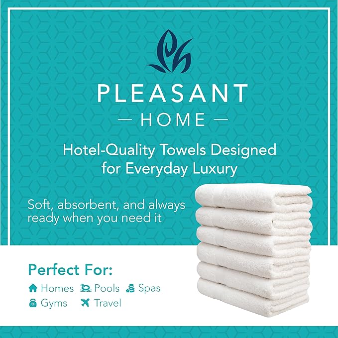 Pleasant Home Bath Towels Set of 6 (24” x 50”) 100% Cotton, 515 GSM | Lightweight, Soft & Absorbent Luxury Towels for Bathroom | for Gym, Pool & Spa | 6 Pack, White-StrideForce Fitness