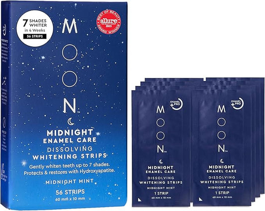 MOON Dissolving Teeth Whitening Strips, 56 No Rinse Nighttime White Strips, Midnight Mint, Enamel Pro+, Chamomile & Lavender, Whiten Sensitive Teeth up to 7 Shades in 4 Weeks, Vegan Oral Care