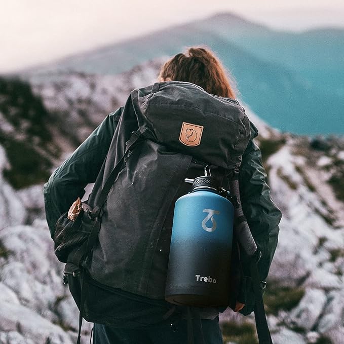 Trebo One Gallon Water Bottle Insulated with Paracord Handle,128oz Large Stainless Steel Water Jug,Vacuum Double Wall Insulated 24hr Cold Retention,Leakproof Flask with 3 Lids,Indigo Black-StrideForce Fitness