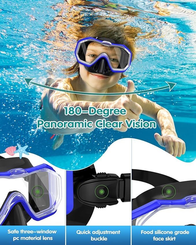 W WSTOO Kids Swim Goggles with Nose Cover,Snorkel Diving Swimming Mask for Youth 5-15,HD 3-Window Wide Vision Anti-Shattered Lens Anti-Fog&Leak-StrideForce Fitness