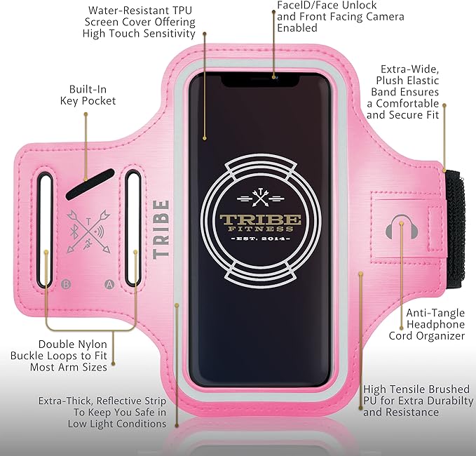 TRIBE Water Resistant Cell Phone Armband Case Running Holder for iPhone Pro Max Plus Mini SE (13/12/11/X/XS/XR/8/7/6/5) Galaxy S Ultra Plus Edge Note (21/20/10/9/8/7/6/5) Adjustable Strap & Key Pocket-StrideForce Fitness
