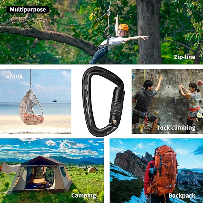 BEIFENG 25KN Auto Locking Carabiner - UIAA Certified Heavy Duty Climbing Carabiners for Rock Climbing, Camping, Rappelling, Hunting, Rescue Equipment - Professional Carabiner Clips (Black)-StrideForce Fitness