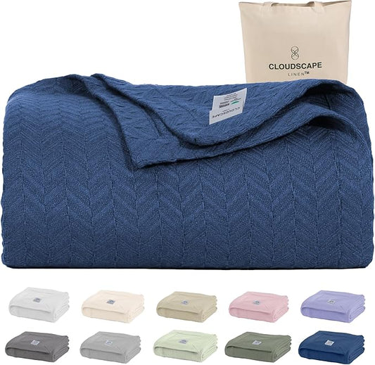 Cloud Scape Linen 100% Cotton Queen Size Blanket, Herringbone Pattern, Lightweight Summer Blanket,Best Gifts for Women, fits Full Size Bed, 92 x 92, Ensign Blue-StrideForce Fitness