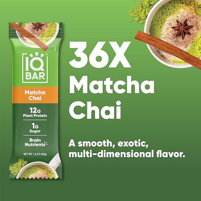IQBAR Brain and Body Plant Protein Bars - Matcha Chai - 36-Count Low Carb - Gluten Free, High Fiber, Vegan Snacks - Low Sugar Meal Replacement-StrideForce Fitness
