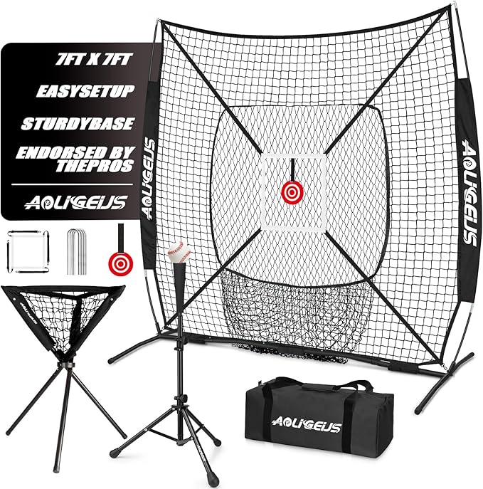 6'X6' Baseball Softball Practice Net with Batting Tee and Ball Caddy, Bonus Strike Zone Target and Bow Frame, for Hitting, Pitching, Catching-StrideForce Fitness