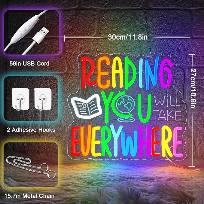 Reading Will Take You Everywhere Neon Sign,Classroom Neon Sign,Read Neon Signs for Classroom Inspirational Letter Led Sign Dimmable Classroom Neon Lights for Bedroom Dorm Library Bookstore-StrideForce Fitness