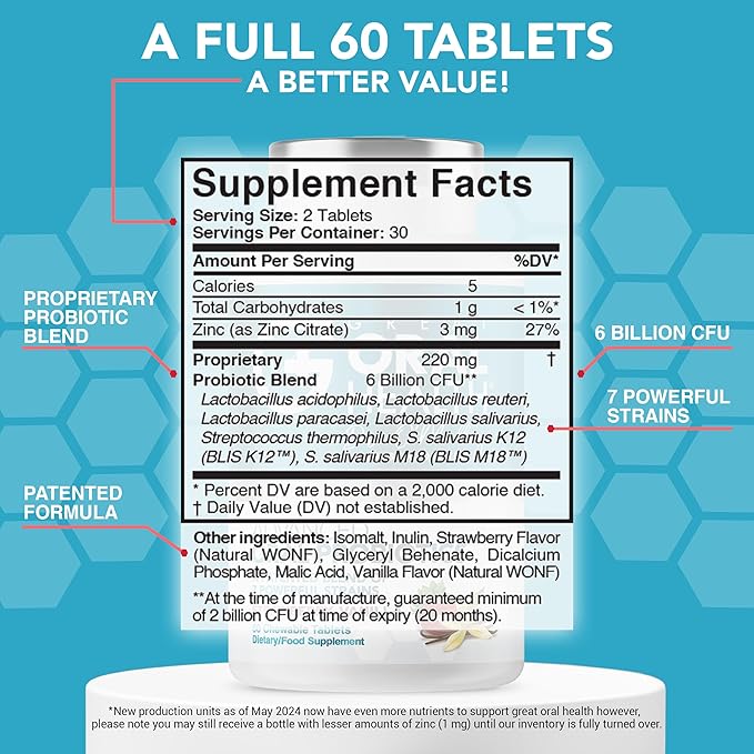 Oral Probiotics for Mouth Bad Breath Treatment for Adults; Dentist Formulated Dental Probiotics for Teeth and Gums, Chronic Halitosis with BLIS K12 M18, Chewable Oral Health Tablets Strawberry Vanilla