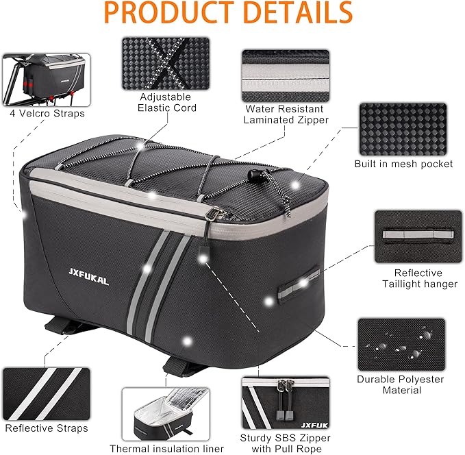 JXFUKAL Rear Bike Rack Bag with Rain Cover, 7L/9L/10L/12L Waterproof Bicycle Ebike Saddle Bag Cycling Pannier Trunk Carrier with Reflector & Adjustable Cord for Commuter Travel Outdoor-StrideForce Fitness