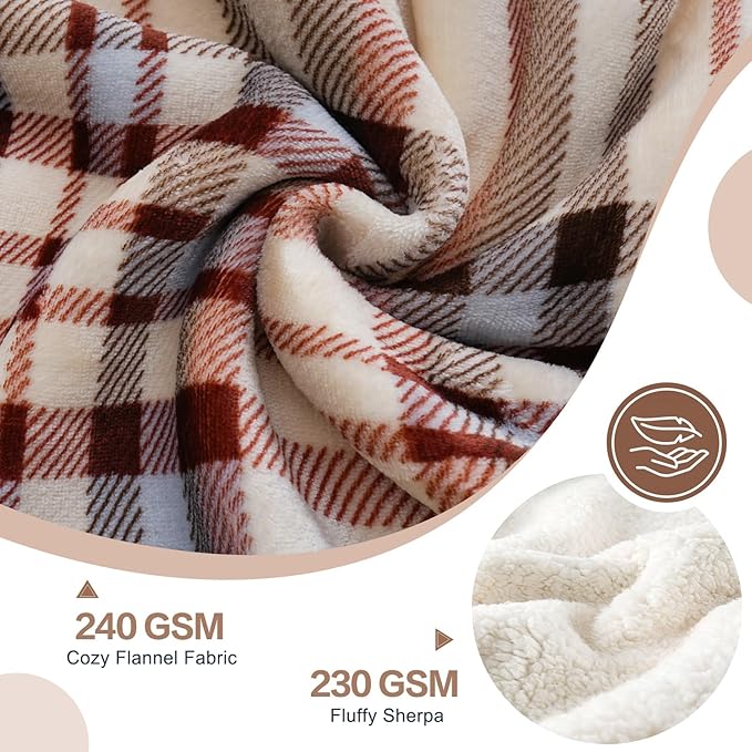 PU MEI Sherpa Fleece Throw Blanket 60" x 80" Reversible Plush Fluffy Large Big Blanket Lattice Flannel Blankets for All Season Use, Beige Stripe-StrideForce Fitness