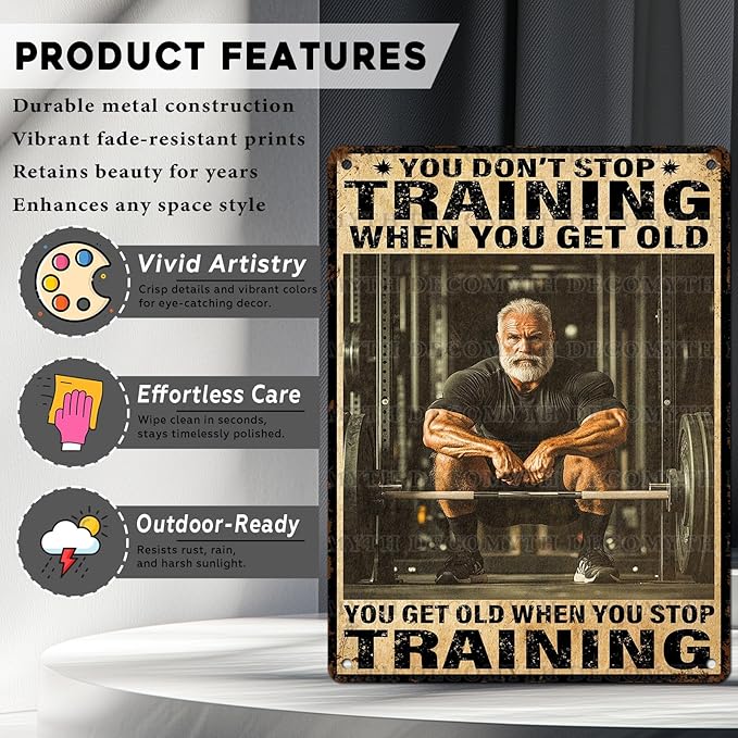 Vintage Gym Training Metal Tin Sign You Don’t Stop Training When You Get Old Wall Art Decor For Bodybuilder Funny Wall Art Home Kitchen Gym Boxing Club Fitness 12 * 16inch-StrideForce Fitness