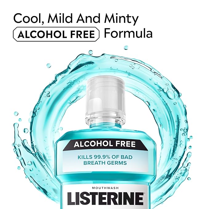 Listerine Cool Mint Alcohol Free Mouthwash, Oral Rinse Kills 99.9% of Germs That Cause Bad Breath, for Fresh Breath & Less Intense Taste, No Alcohol Burn Cool Mint Flavor, 1 L