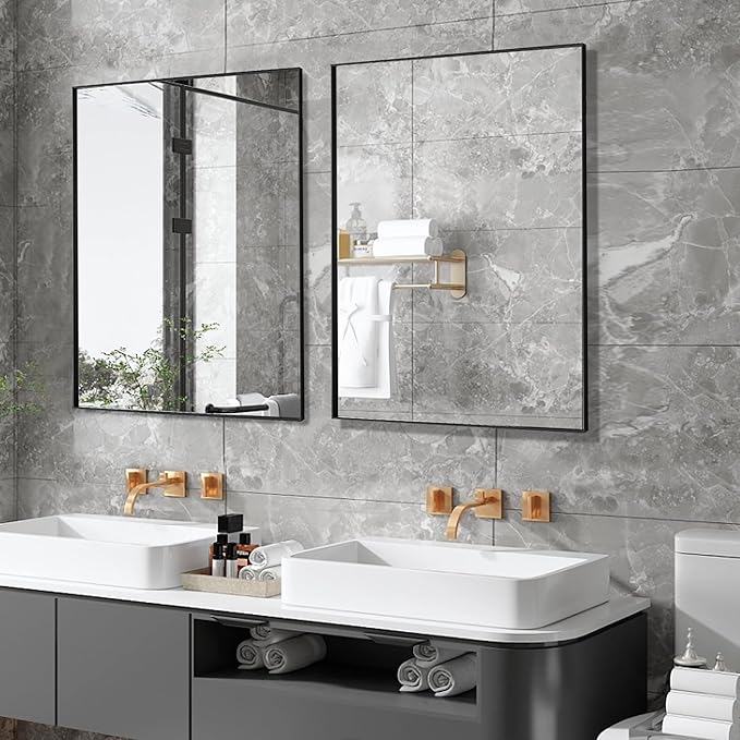 27x36 Inch Black Bathroom Mirror for Wall, Aluminum Frame Rectangle Rectangular Vanity Mirror, Modern Large for Bedroom, Living Room, Horizontal or Vertical-StrideForce Fitness
