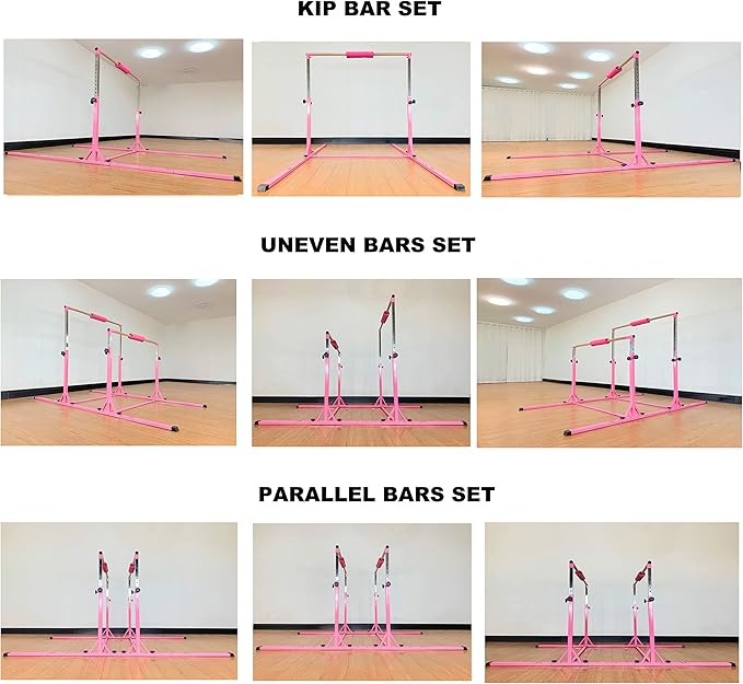 Gymnastics Double Horizontal Bars 3Play Parallel Bars Uneven Bars Gymnastics Training Kip Bar with 304 Stainless Steel Regulating Arms & Fiberglass Rail for Indoor Outdoor Home Club Use-StrideForce Fitness