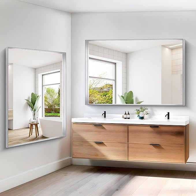 Silver Bathroom Mirror, 60x40 Inch Rectangular Framed Mirror, Large Wall Mounted Bathroom Vanity Mirror Over Sink for Bedroom,Restroom, Living Room, Hangs Vertically or Horizontally-StrideForce Fitness