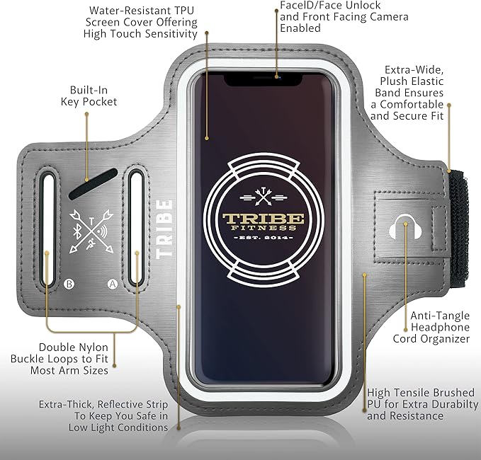 TRIBE Water Resistant Cell Phone Armband Case Running Holder for iPhone Pro Max Plus Mini SE (13/12/11/X/XS/XR/8/7/6/5) Galaxy S Ultra Plus Edge Note (21/20/10/9/8/7/6/5) Adjustable Strap & Key Pocket-StrideForce Fitness