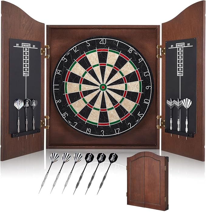 Sisal Dart Board Cabinet Sets, Decorative Dart Boards for Adults [6*Steel Darts] - Wooden Dartboard Cabinet with Integrated Scoreboard for Family Game Rooms-StrideForce Fitness