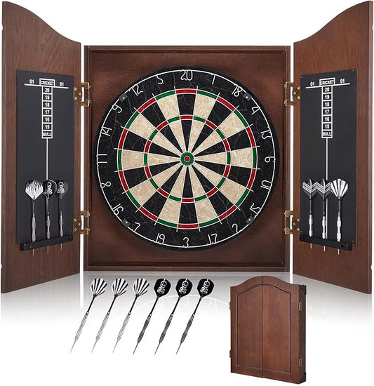 Sisal Dart Board Cabinet Sets, Decorative Dart Boards for Adults [6*Steel Darts] - Wooden Dartboard Cabinet with Integrated Scoreboard for Family Game Rooms-StrideForce Fitness