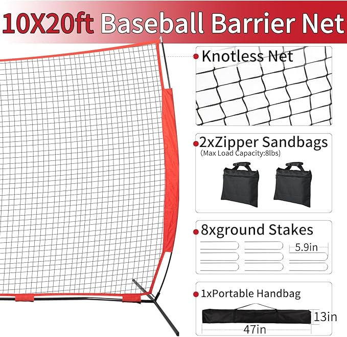 7x7/16x10/20x10ft Backstop Net, Ball Stop Net with Handbag,Fix Sports Net Barrier by 4 Spike&2 Sandbag,Sports Practice Barrier Net for Baseball,Softball,Lacrosse Train,Backstop Net for Backyard-StrideForce Fitness
