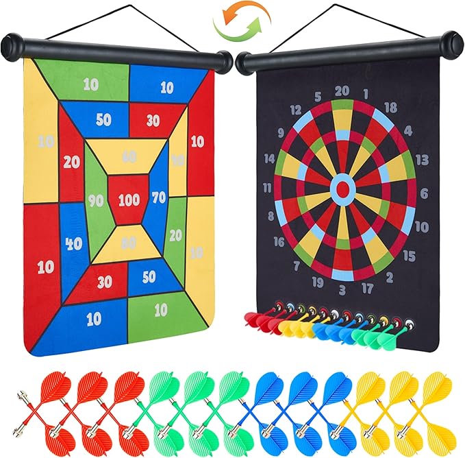 Magnetic Dart Board with 24pcs Darts,Indoor Outdoor Dart Game for Kids and Adults，2in1 Rollup Safe Dart Flights Toys Set for 3-12 Year Old Boys Girls Christmas Birthday Gifts-StrideForce Fitness
