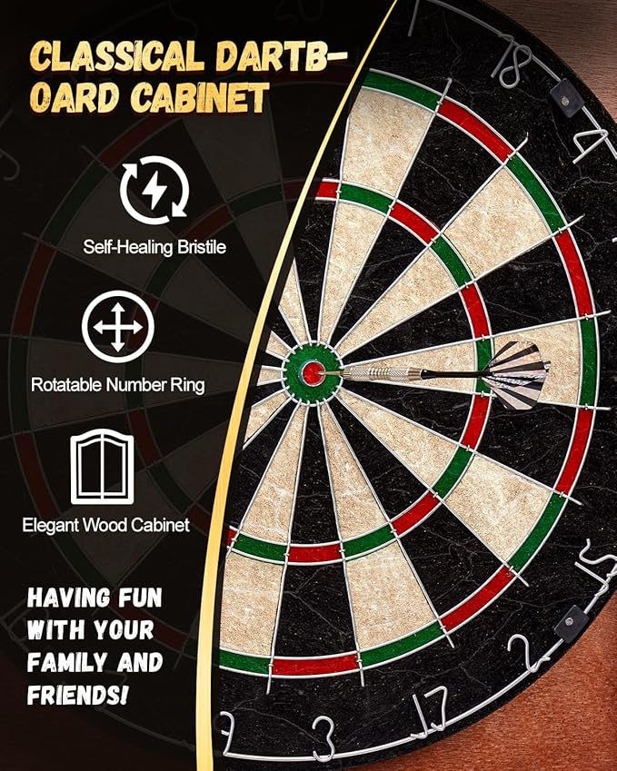 Sisal Dart Board Cabinet Sets, Decorative Dart Boards for Adults [6*Steel Darts] - Wooden Dartboard Cabinet with Integrated Scoreboard for Family Game Rooms-StrideForce Fitness