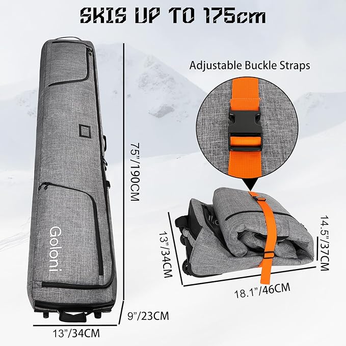 Goloni Ski Bag with Wheels,Padded Snowboard Bag for Air Travel,600D Waterproof Fabric,Foldable Snow Bag Fits 2 Pairs Skis-StrideForce Fitness