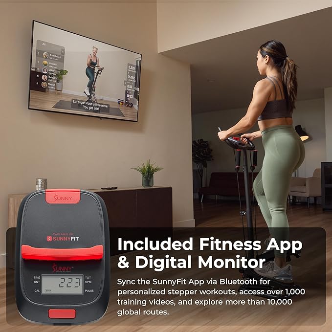 Sunny Health & Fitness Total Body 2-in-1 Smart Stepper Machine for Home with Handlebar and Resistance Bands, Total Body Workout, Adjustable Hydraulic, LCD Monitor, Non-Slip Pedals – 330 LB Max Weight-StrideForce Fitness