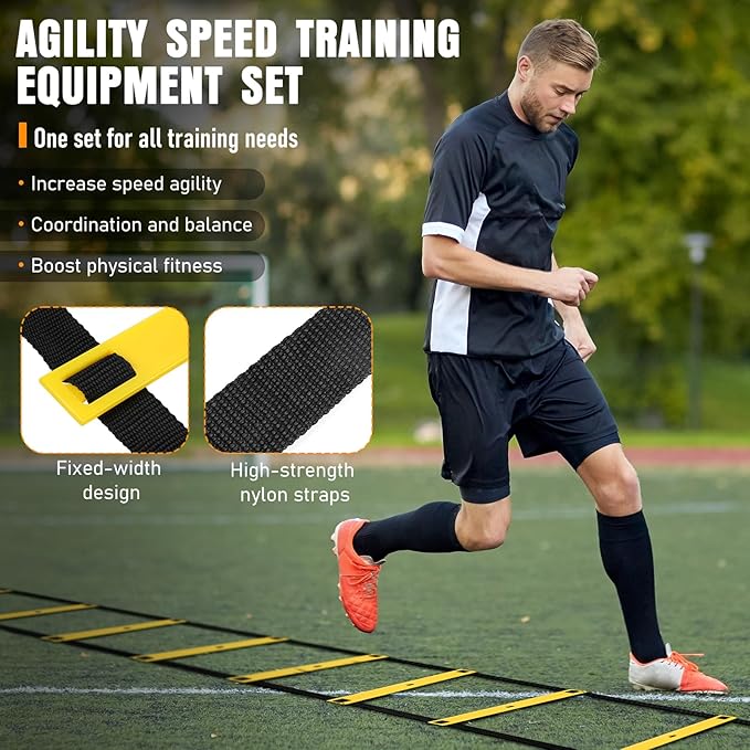 Agility Ladder, Speed Training Equipment Set, 20ft Agility Ladder, 12 Soccer Cones, 4 Hurdles, Jump Rope, Running Parachute, Basketball Football Soccer Training Equipment for Kids, Youth, Adults-StrideForce Fitness