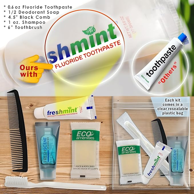 Moda West 96 Hygiene Kits - Bulk Case Wholesale Deluxe Toiletries for Men, Women, Travel, Charity, Includes Shampoo, Deodorant, Toothpaste, Razor, More, Homeless Shelters, Donations, Hotels, Travel