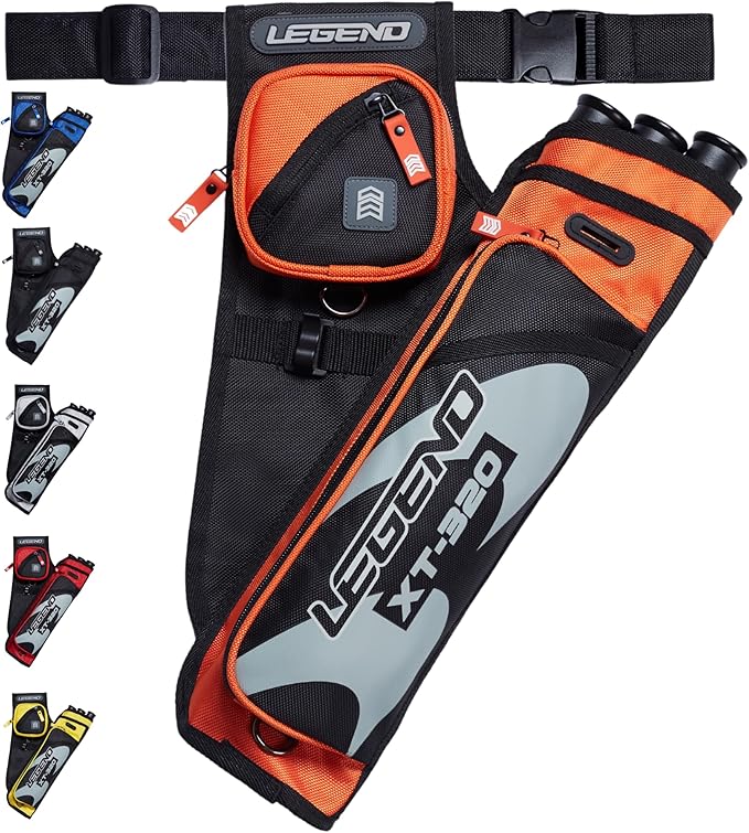 LEGEND XT320 Archery Quivers - Nylon Hip Quivers with 3 Arrow Tube Cases for Target Shooting - Adjustable Waist Belt, T-Slot, Storage Compartments for Accessories, Gear, Tools, Release Tab, Score Card-StrideForce Fitness
