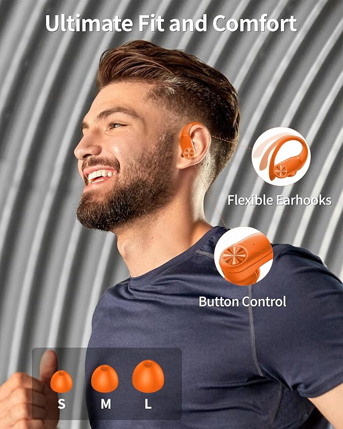 PocBuds Bluetooth Headphones Wireless Earbuds 80hrs Playtime Wireless Charging Case Digital Display Sport Ear Buds with Earhook Deep Bass IPX7 Waterproof Over-Ear Earphones for Phone Laptop Caramel-StrideForce Fitness