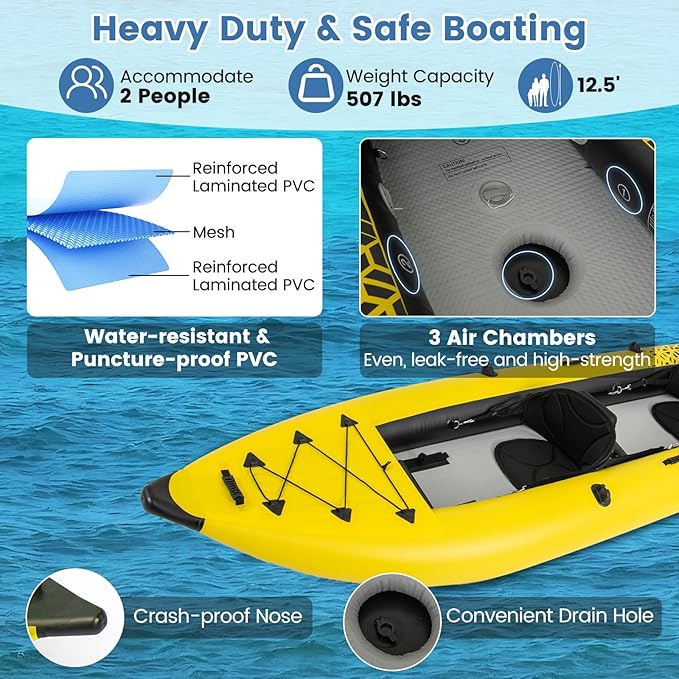 S AFSTAR Inflatable Kayak, 2 Person Canoe with 507 lbs Capacity, Drop-Stitch Floor, All Accessories & Carry Bag, 12.5 ft Large Sit in Tandem Kayak for Fishing, Camping & Exploring for Adults-StrideForce Fitness