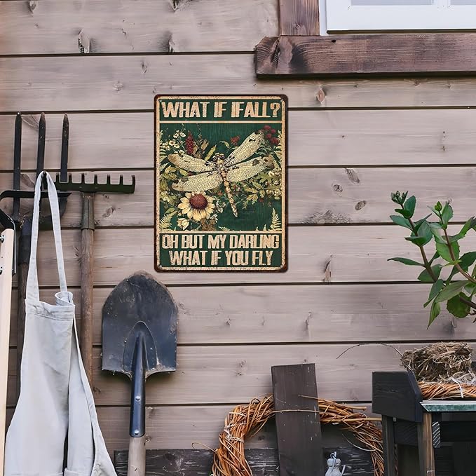 Dragonfly Vintage Tin Sign What If I Fall Metal Tin Sign for Home Bedroom 12 * 16inch-StrideForce Fitness