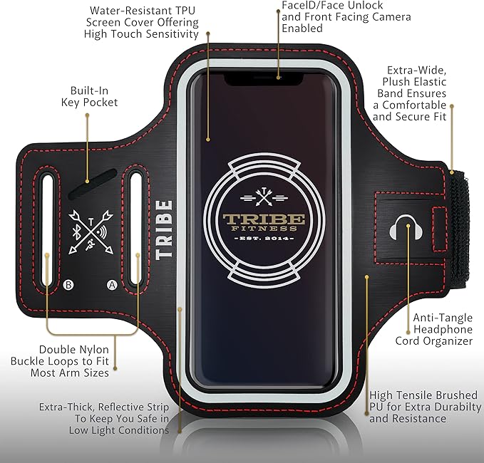 TRIBE Water Resistant Cell Phone Armband Case Running Holder for iPhone Pro Max Plus Mini SE (13/12/11/X/XS/XR/8/7/6/5) Galaxy S Ultra Plus Edge Note (21/20/10/9/8/7/6/5) Adjustable Strap & Key Pocket-StrideForce Fitness
