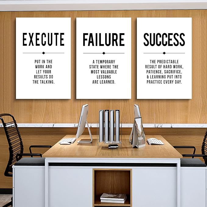 Framed Canvas Wall Art Success Quote, Office Wall Art, Black Large Poster, Positive Motivational Set of 3 Prints, Execute Failure Definition, Inspirational Print (D-3pcs,20x30inchx3pcs)-StrideForce Fitness