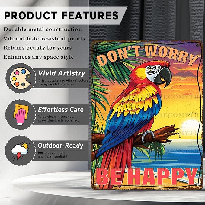 Vintage Tin Sign Don't Worry Be Happy Tin Sign The Beach Parrot for Home Farm Outdoor Bathroom Restaurant Cafes Bars Club Kitchen Garage Cute Vintage Art Wall Decor 12 * 16inch-StrideForce Fitness