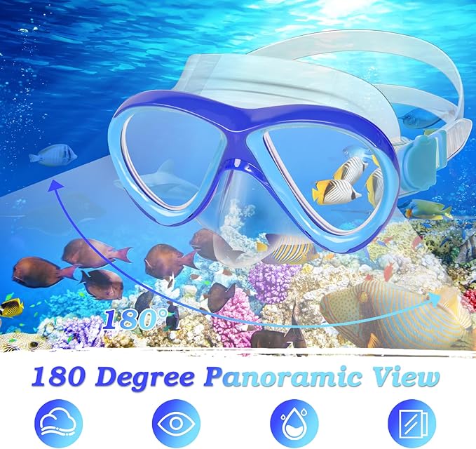 Kids Mask Fins Snorkel Set, Dry Top Snorkeling Gear for Kids Youth Boys Girls Junior Age 5-15 Tempered Glass Snorkel Mask Set Panoramic View Snorkeling Packages-StrideForce Fitness