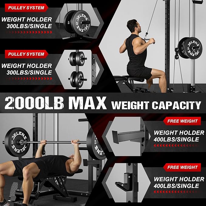 Power Cage, 2000LBS Multi-Function C21 Power Rack with Dual Pulley Cable Crossover System, All-in-One Squat Rack with More Training Attachments-StrideForce Fitness