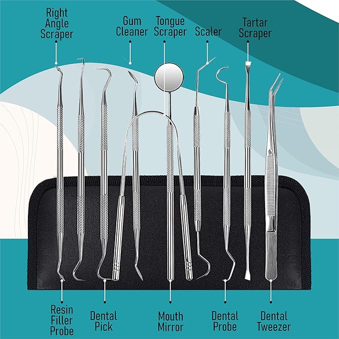 Dental Kit Tools, 10 Pack Stainless Steel Plaque Remover, Dental Tools to Remove Plaque and Tartar, Oral Care Kit with Plaque Cleaner, Tartar Pick, Tooth & Tongue Scraper for Dentist, Personal, Family