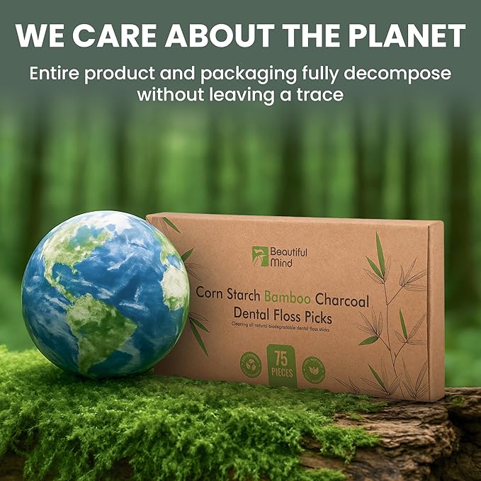 Natural Dental Floss Picks 75 Pack – Organic Biodegradable Floss Sticks with Strong Bamboo Charcoal Thread & Vegan Cornstarch Handle – No Plastics, No Artificial Flavours - Kraft Paper Box