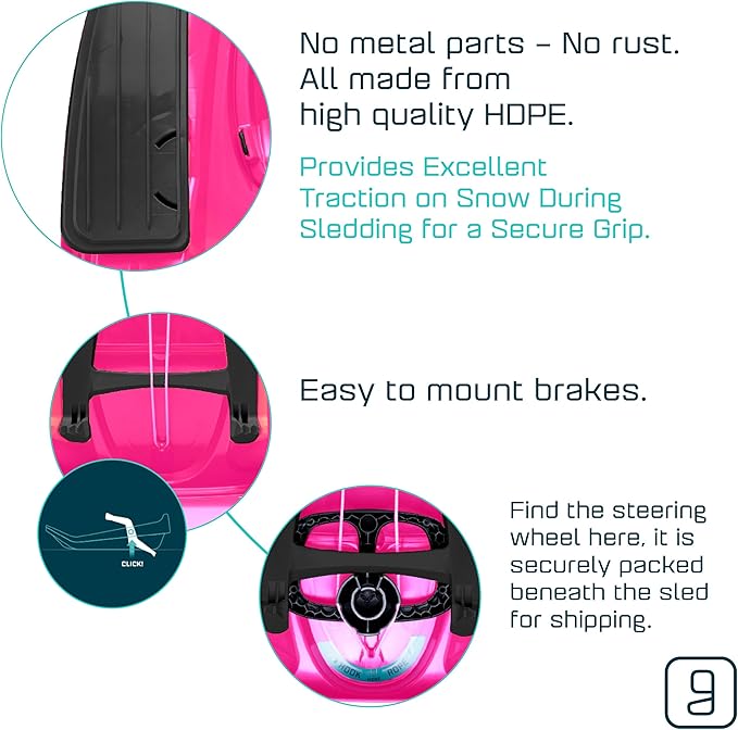 Snow Sled for Kids, Adults - Toboggan Sled, Easy Turning Steering Wheel, Anti-Slip Seat, Pull Up Brake, Durable Plastic Sled, Lightweight, Snow Sleds, Age 3+ 260 lbs-StrideForce Fitness