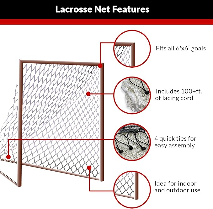 Velocity Heavy Duty Black & White Lacrosse Net - Fits 6’x6’x7’ Goals - Weatherproof, UV Resistant 1000D High-Strength Polyester - Comes with 100+ Feet of Lacing Cord and 4 Quick Ties-StrideForce Fitness